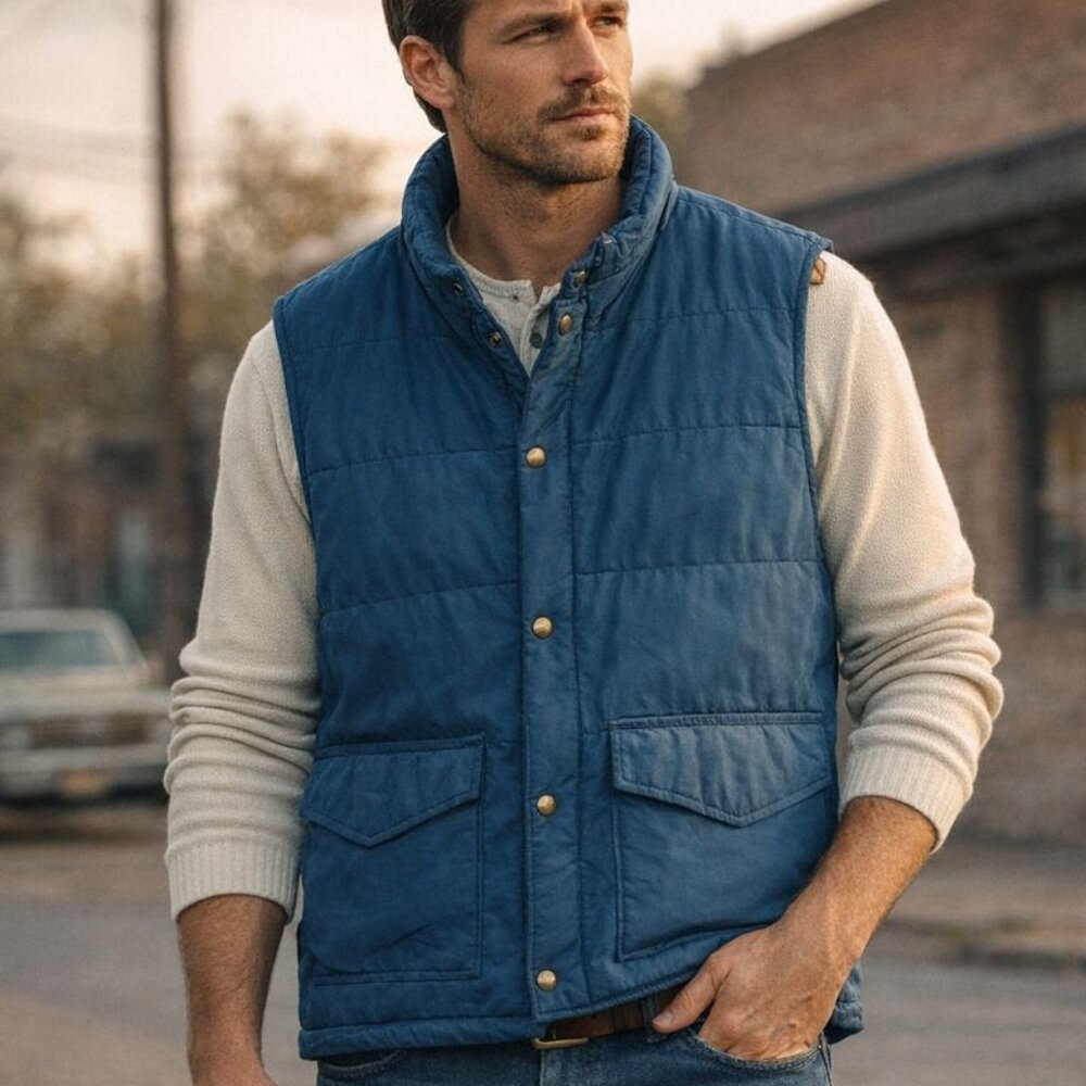 Vintage 60s 70s Woolrich Men's Large L‎ Blue Cotton Blend Puffer Vest Jacket